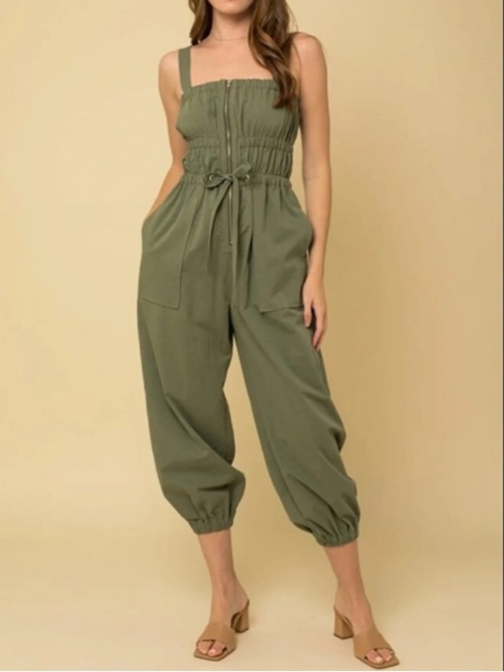 Gilli olive green ruched elastic front zipper  jumpsuit